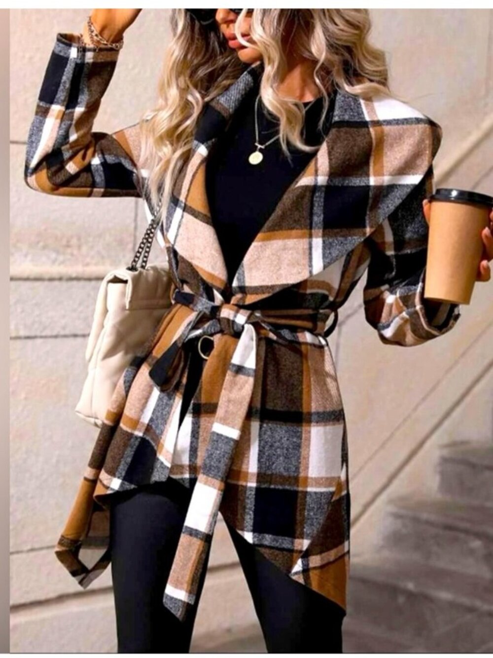 SHEIN Khaki Black Plaid Belted Wrap Style Light Jacket Coat Long Sleeve Size L